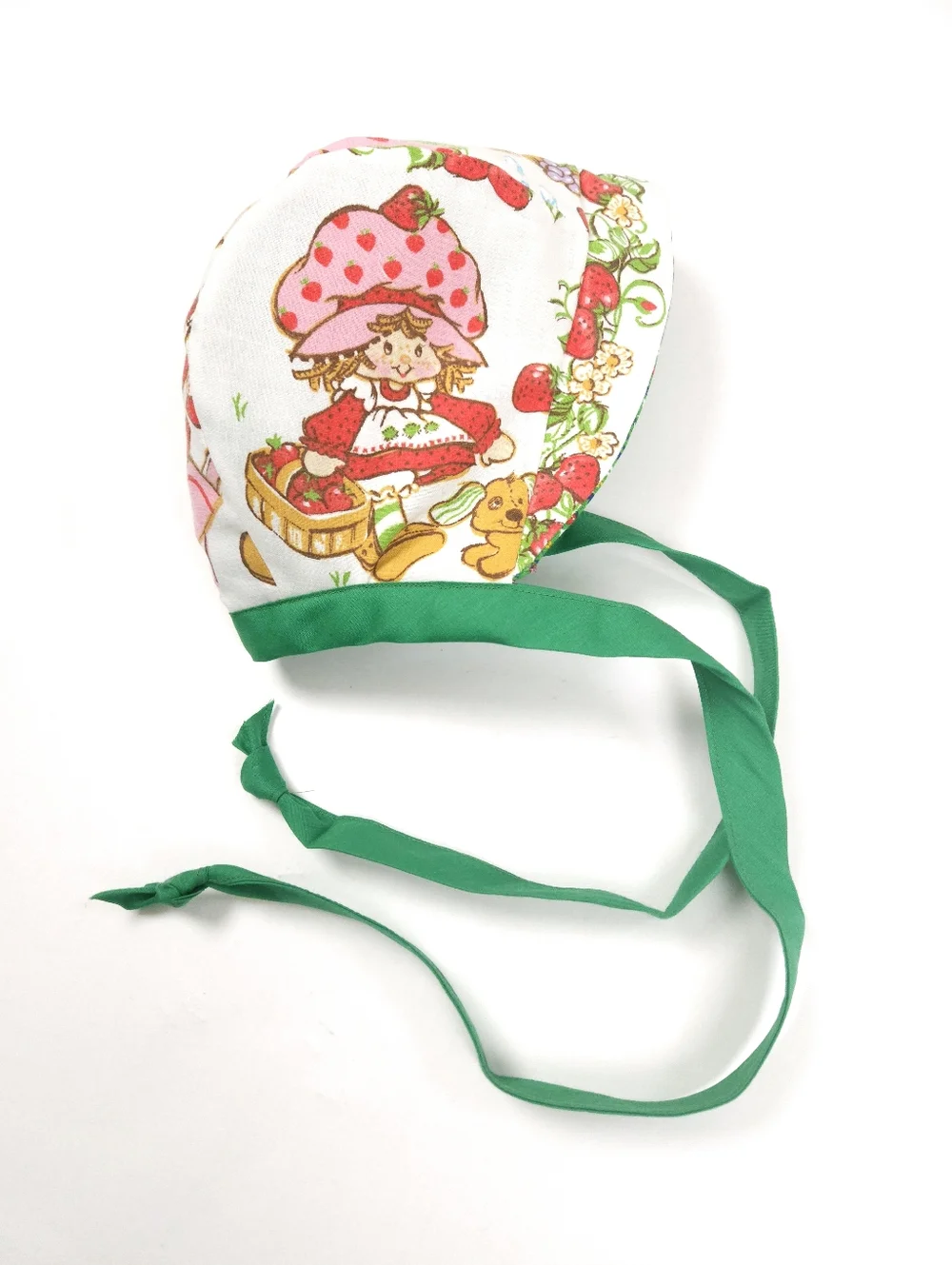 Upcycled Green Calico Quilted Baby Bonnet Reversible Strawberry Shortcake 6-12 M - Picture 8 of 10